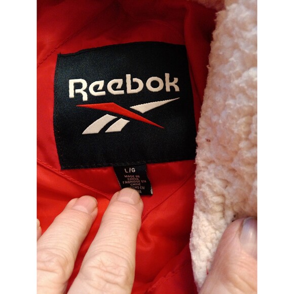 Reebok womens puffer jacket red 90s hooded Large - Picture 5 of 5